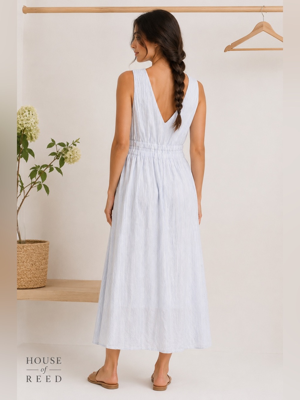 1901 Nordstrom Linen Blend Blue Stripe Open Back Minimalist Midi Dress Size 6